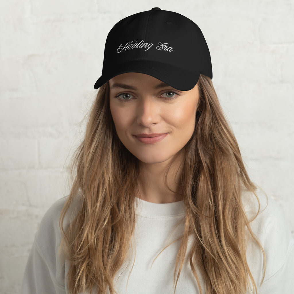 Healing Era embroidered cotton hat – beige minimalist self care cap